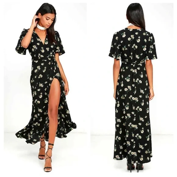 Lulus | Dresses | Lulus Italian Garden Black Floral Print Wrap Maxi Dress